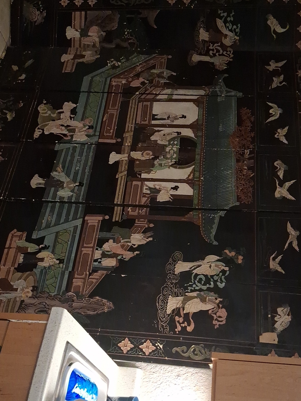 Oriental Black Lacquer Wall Panel with Green and Gold Accents